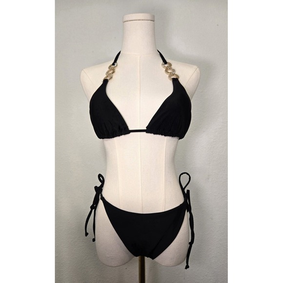 Other - Black Gold Chain Detail 2 Piece String Bikini Triangle Top Tie Sides Size Small